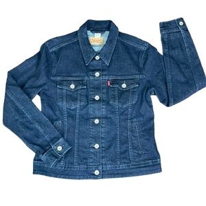 LEVIS Blank Red R Tag Jean Trucker Jacket | Dark Blue Denim | Size L